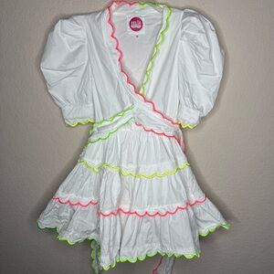 Celia B Adal White Neon Scalloped Wrap Dress
